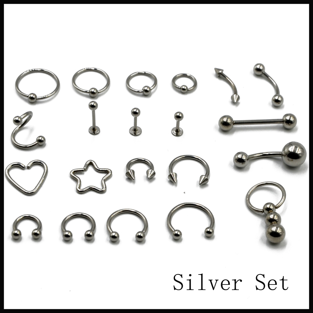 21 Pcs Horseshoe Circular Bead Closer Ring Tongue Barbell Ear Cartilage Tragus Belly Navel Labret Ring Set Body Piercing Jewelry
