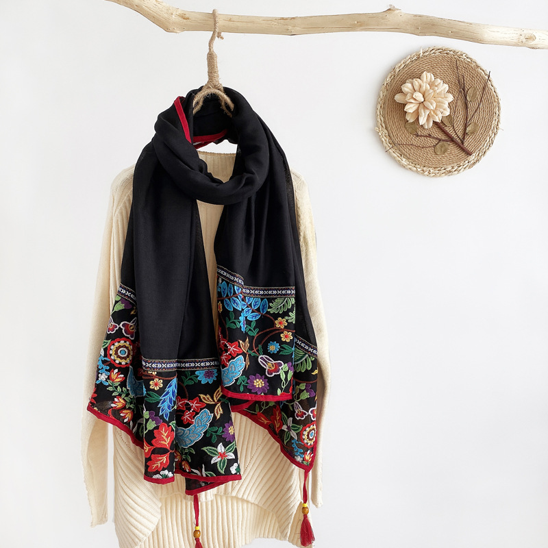 Ethnic Embroidery Women Winter Foulard Elegant Flower Long Scarf Muslim Hijab Shawl Beautiful Travel 85*180cm