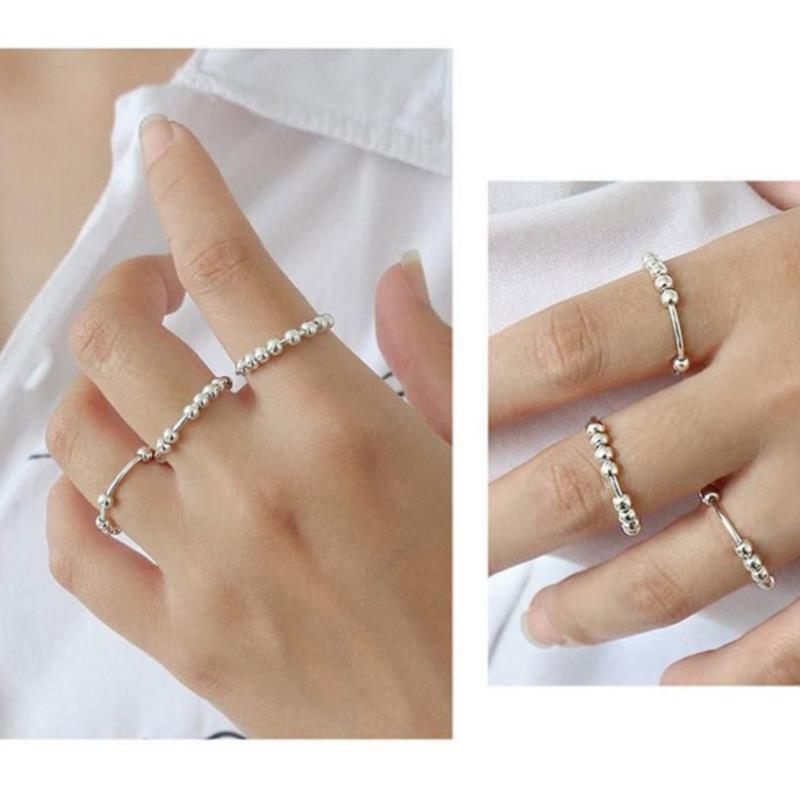 Finger Ring Women Sterling Silver Anti Anxiety Fidget Spinner Band Beads Ball Rotate Popular Design Jewelry Birthday Gift