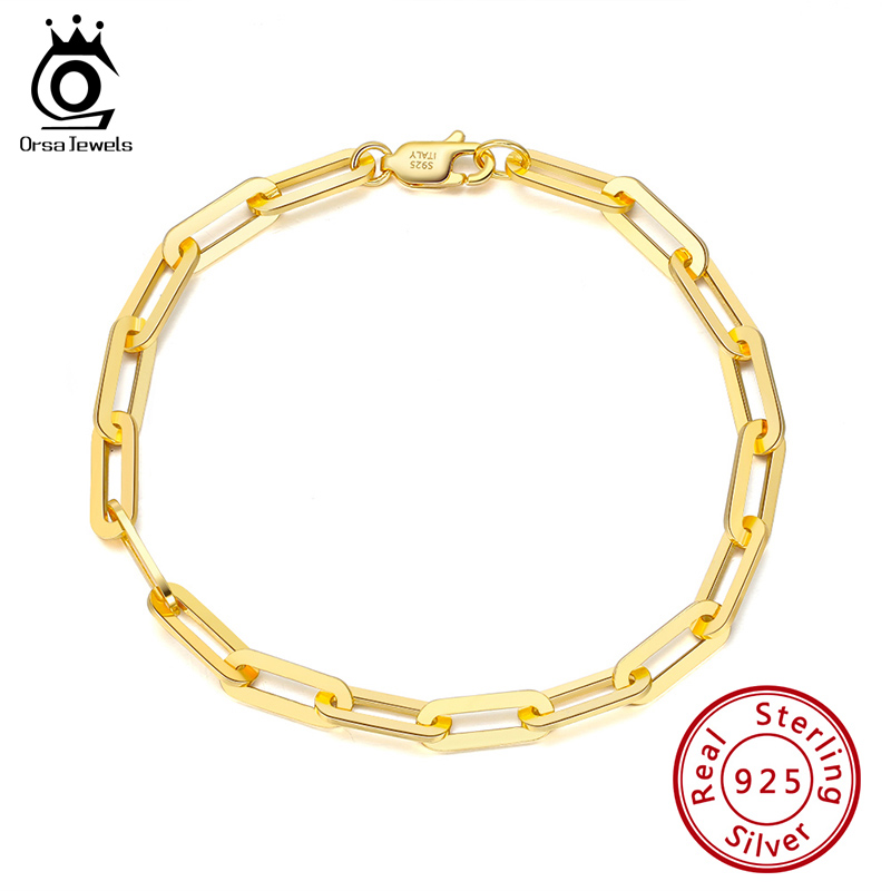 ORSA JEWELS Gold Plated Genuine Sterling Sier Paperclip Link Chain for Women Men 7, 8, 9 Inches Bracelet SB109