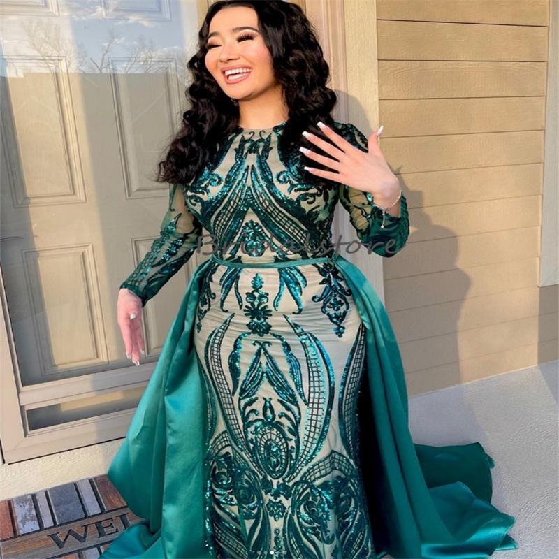 Vintage Emerald Green Evening Dresses With Detachable Train Plus Size Elegant Sequin Dubai Abayas Muslim Prom Dress Formal Party Middle East Vestio De