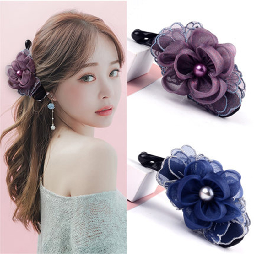 AWAYTR Elegant Flower Hairpins Barrettes for Women Female Long Banana Hair Claw Clips Clamp Headwear Hair Styling Accessories