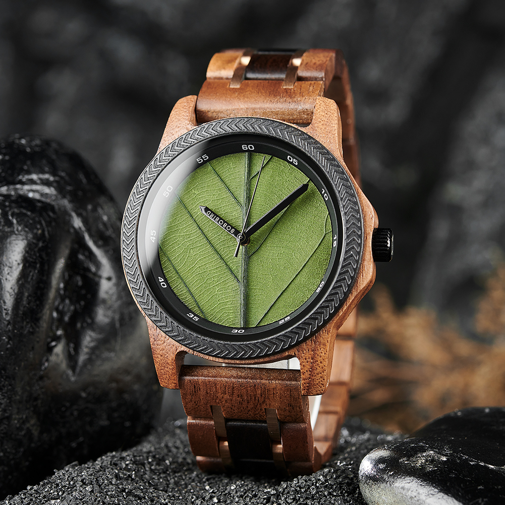Mens Watches Unique Leaf Dial Design Quartz Wooden Wrist Watch for Men Support