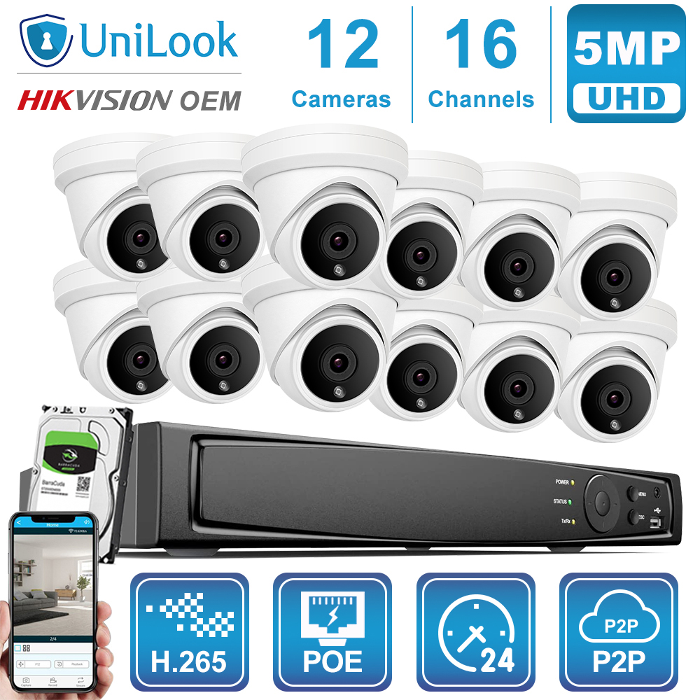 UniLook 16CH NVR 5MP Turret POE IP Camera 8/10/12/16PCS Outdoor Security OEM H.265 CCTV system NVR Kit With HDD P2P