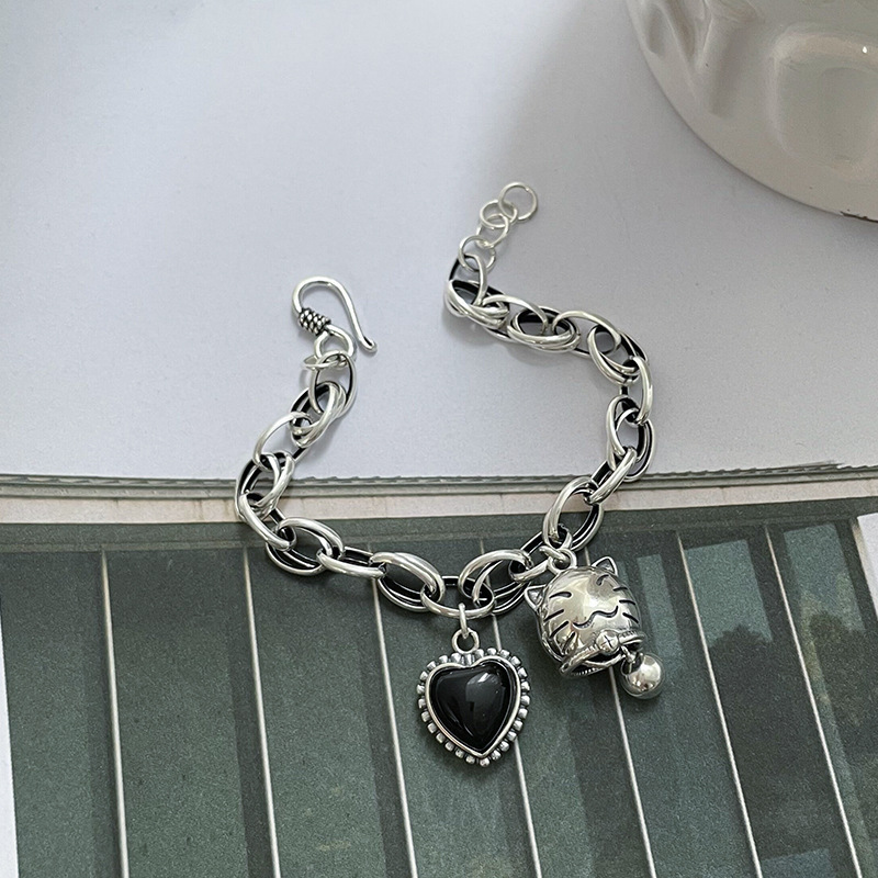 100% 925 Sterling Silver Sweet Cat Animal Bell Black Love Heart Resin Ladies Charm Bracelets Jewelry For Women Gifts No Fade