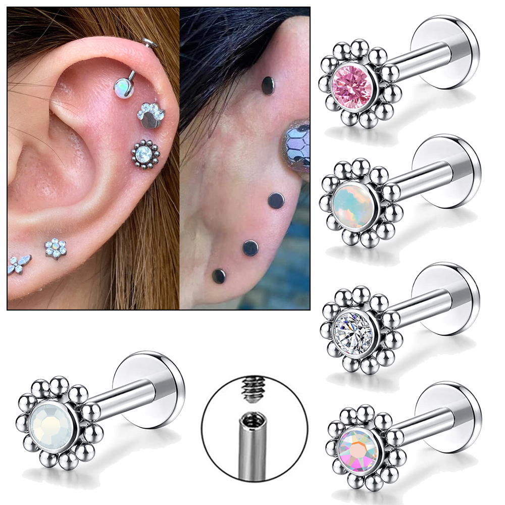 1PC 316L Surgical Steel Flower Opal Labret Lip Ring Cz Internally Threaded Ear Cartilage Tragus Helix Daith Piercing Jewelry