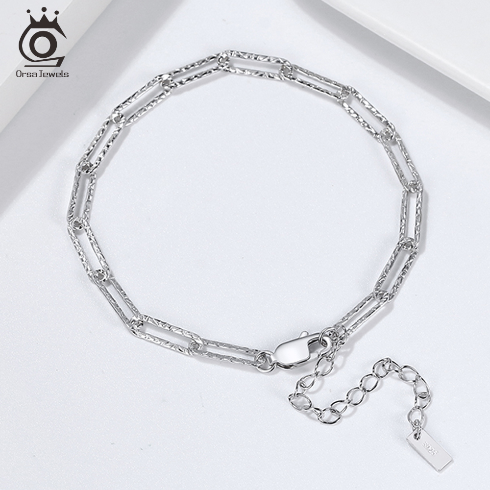 ORSA JEWELS Italian Real 925 Sterling Silver 3.5mm Paperclip Bracelet Handmade Hammered Link Chain for Women Jewelry Gifts SB120