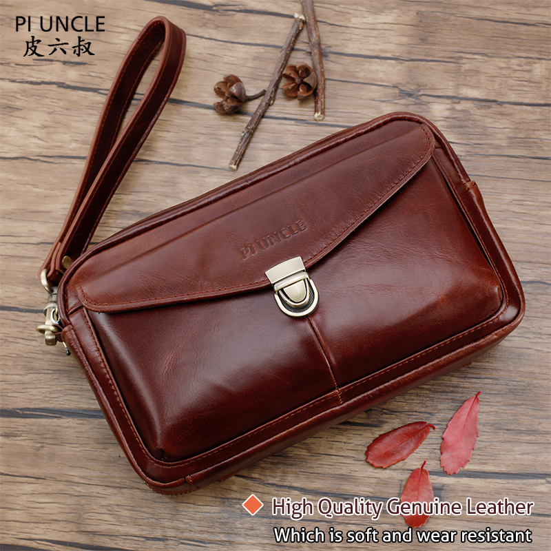 Men Genuine Leather Long Wallet Money Bag Double Zipper Male Wallet Pocket Case Purse 6.5" Cell/Mobile Phone Cigarette Bags