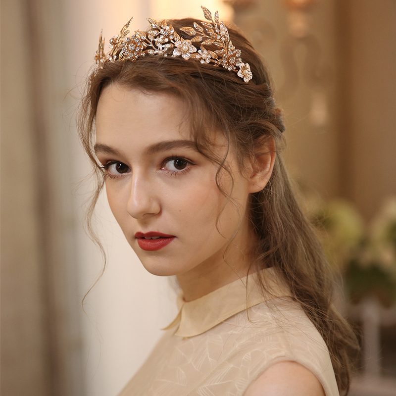 Gold Color Leaf Tiara Wedding Hair Crown Floral Bridal Hairband Handmade Headpiece Women Party Prom Hair Tiaras