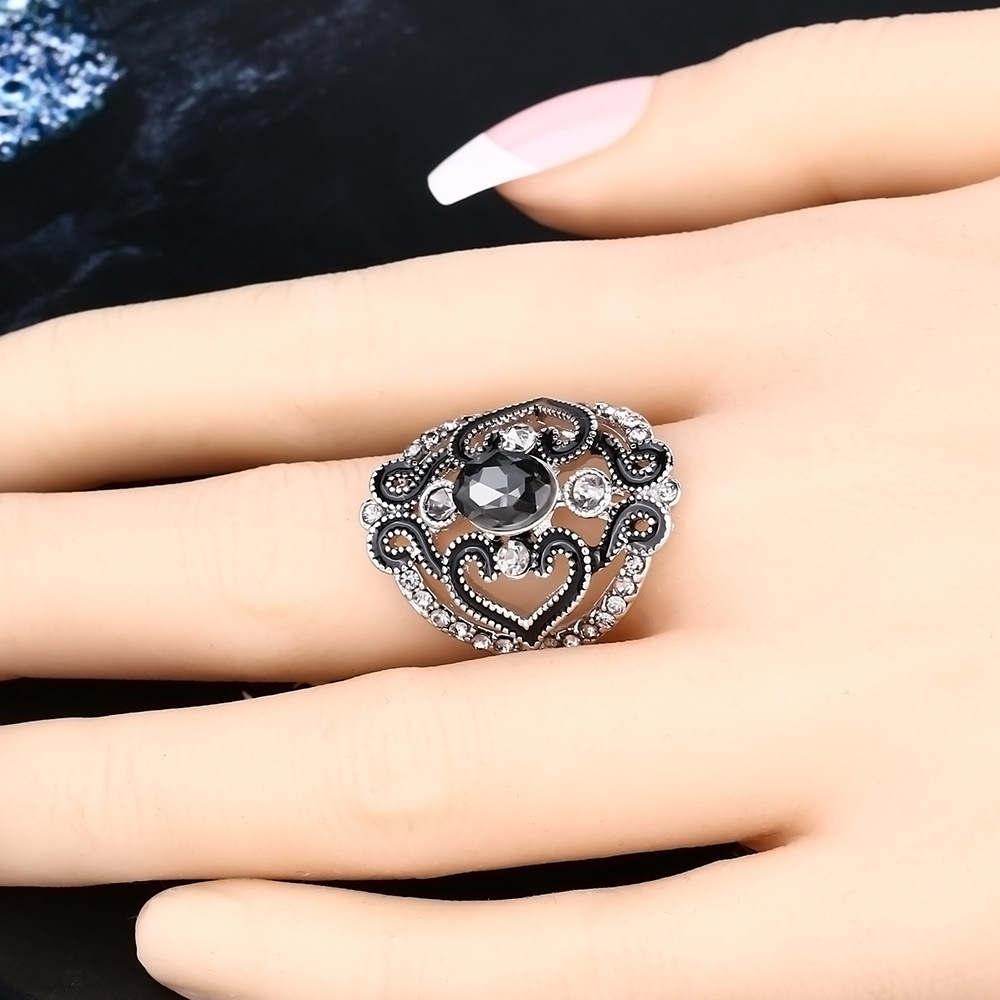 Statement Indian Jewelry Accessories Punk Vintage Tibetan Silver Rings For Women Cheap Black Hollow Out Flower Enamel Ring