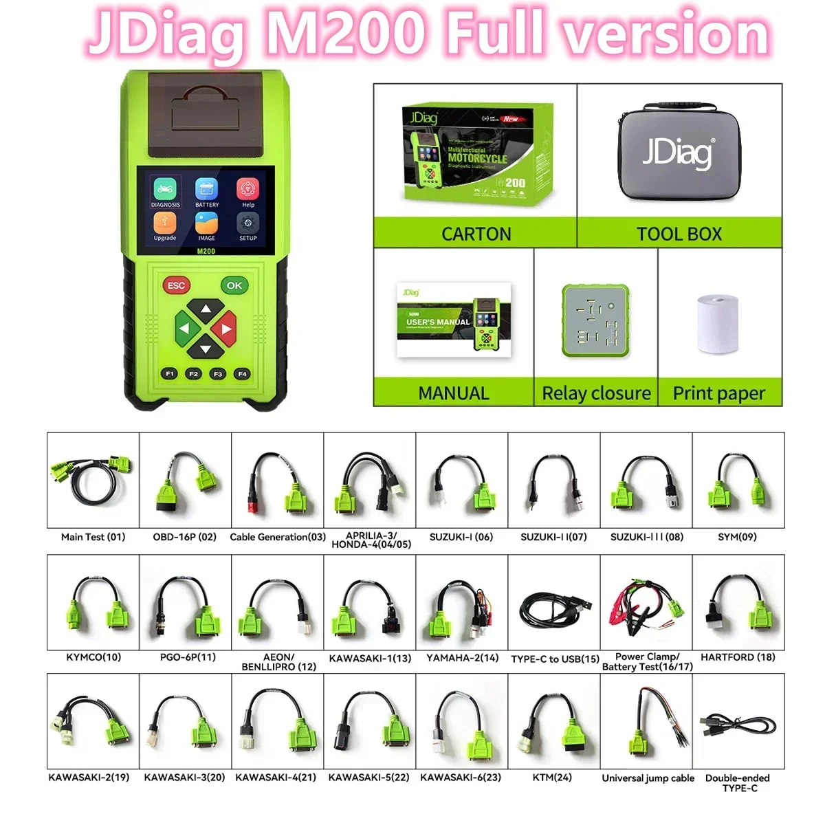 2024 JDiag M200 Motorcycle Diagnostic OBD2 Scanner Moto Fault Code Reader Battery Tester Motoscan Tool For Yamaha Update of M100