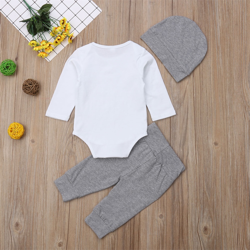 Autumn Winter 0-18M Newborn Infant Kid Baby Boys Clothes Sets 3PCS Letter Long Sleeve Romper Tops+Grey Pants+Hats New Style 2021