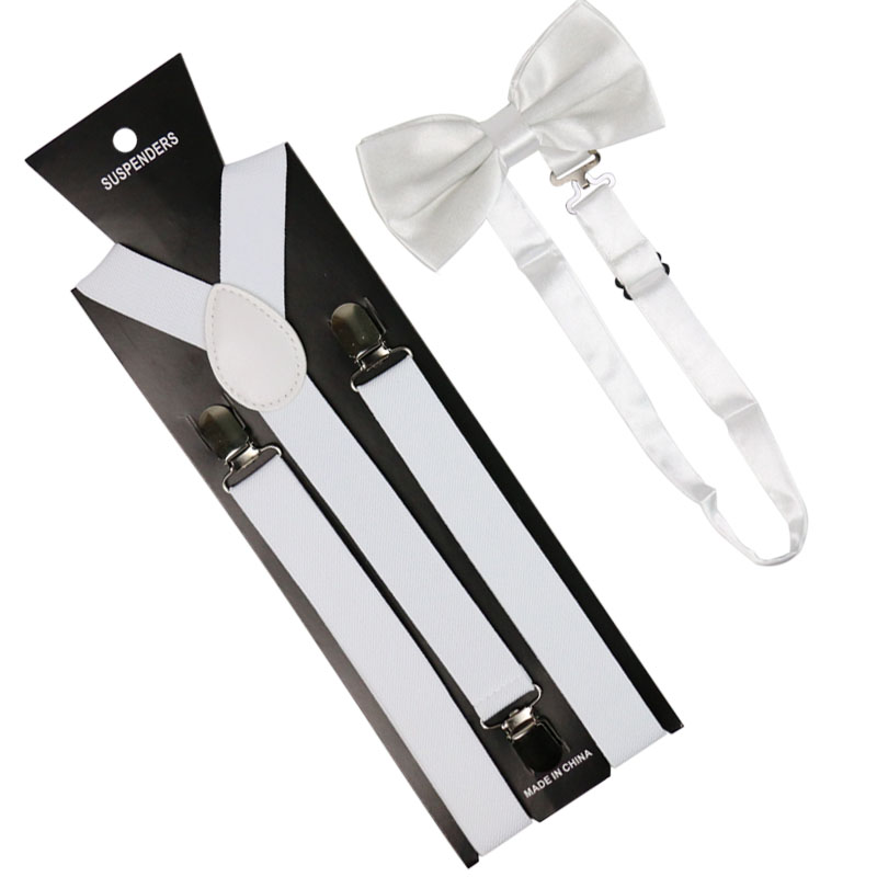 2019 New High Quality 2.5cm Wide White Men Womens Suspenders Bow Tie Set Solid Elastic Suspenders And Bowtie Shirt Braces