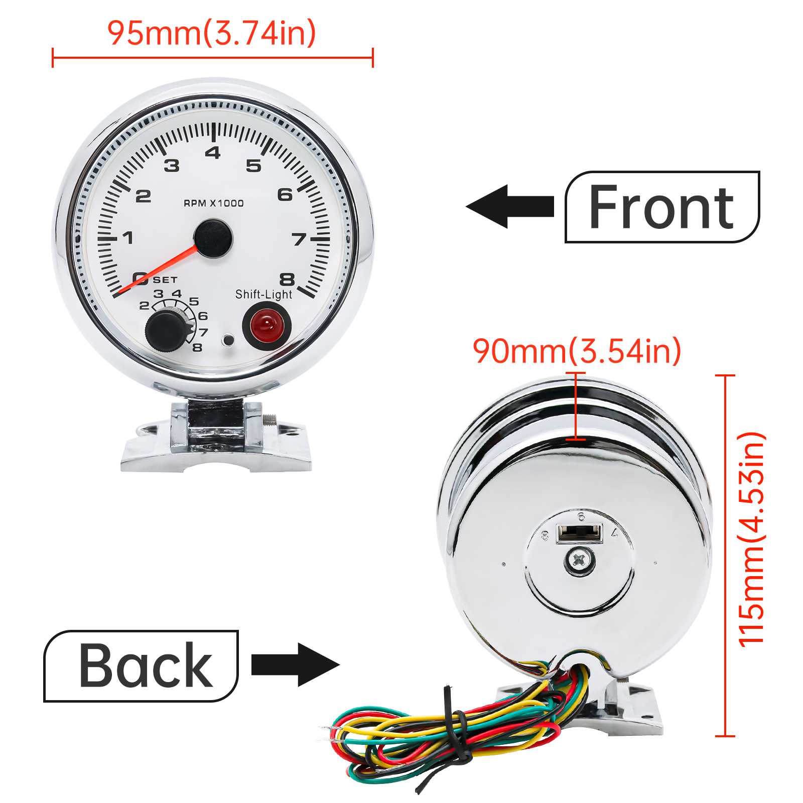 3.75" 95mm Black/Silver Tachometer with Shift Light For 12V 4/6/8 Cylinder Car RacingTacho Gauge Meter 0-8000rpm 7 Color LED