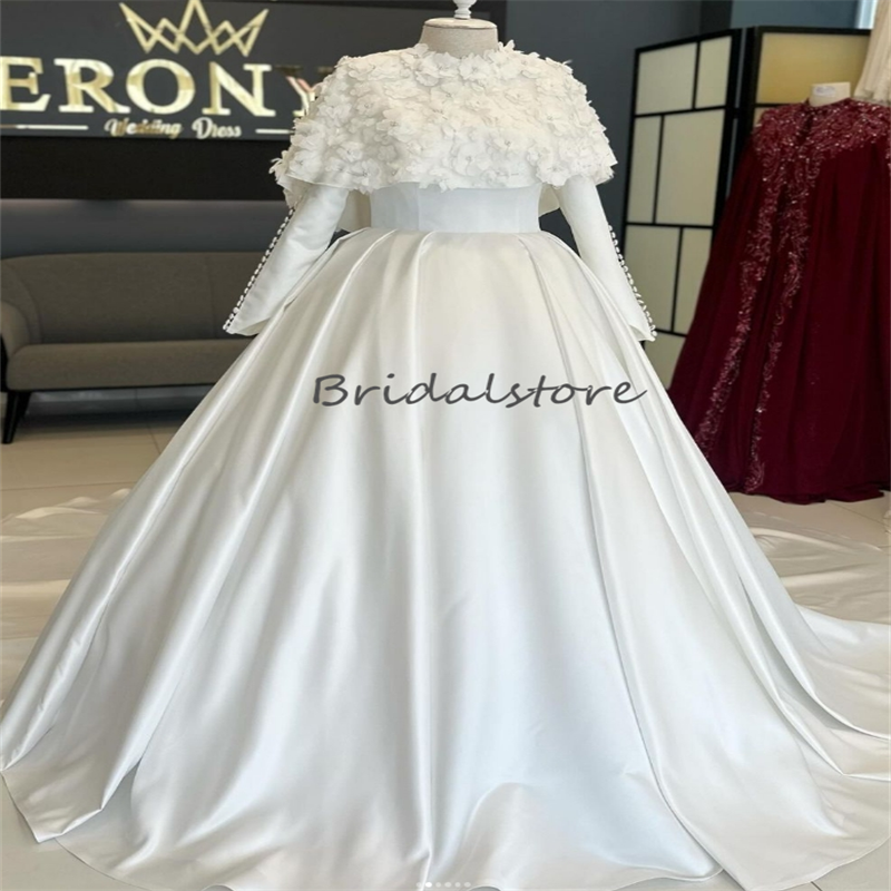 Islamic Muslim 3D Florals Wedding Dresses 2024 Dubai Arabian Turkish Bridal Gowns Long Sleeve A Line Satin Church Bride Dress Vestio De Novias Robe De
