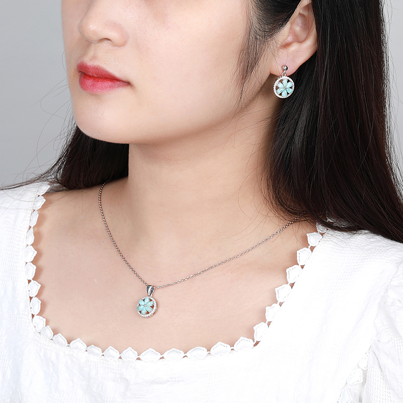 New Trend Classic Charm 925 Sterling Silver Jewelry Gifts Retro Flower Natural Precious Larimar Pendant Necklace for Woman