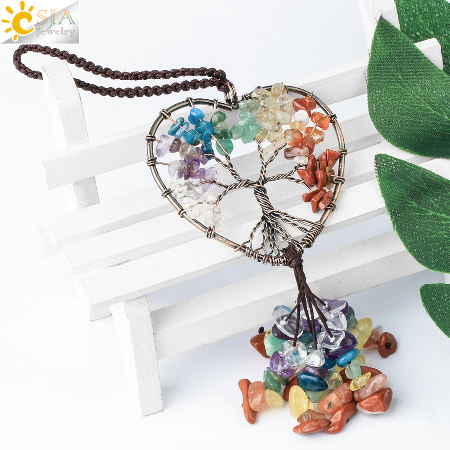 CSJA Natural Crystal Stone Tree of Life Keychain Pendant 7 Chakra Hanging Copper Wire Wrap Round Love Heart Key Ring Holder G790