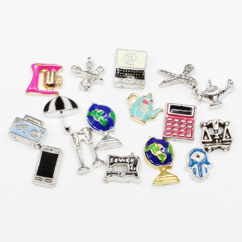 20pcs/lot Globe Coffeemaker Sewing Machine Enamels Supplies Scissor Floating Charms For Glass Lockets Memory Pendant Jewelry
