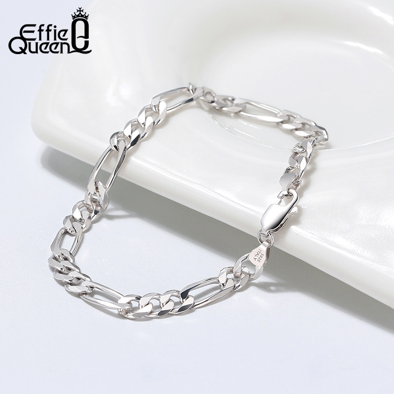 Effie Queen Solid 925 Sterling Silver Italian 6.5mm Diamond-Cut Figaro Link Chain Bracelet for Men Women 6.5" 7" 7.5" 8" SB108