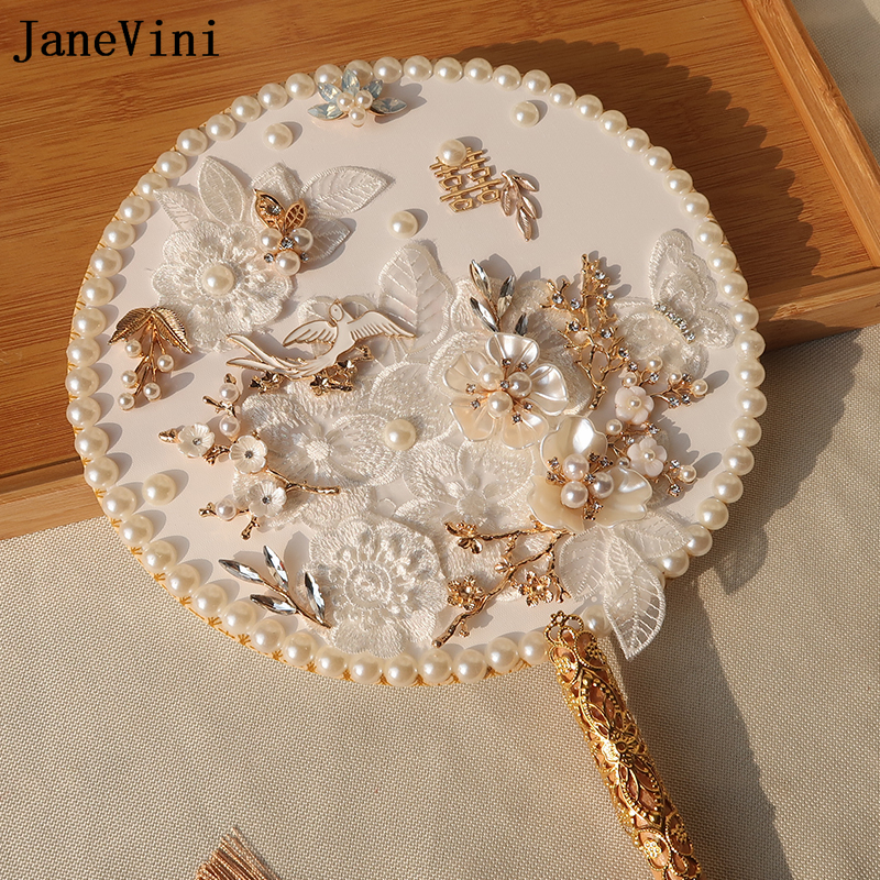 JaneVini Luxury Pearls Chinese Style Bridal Fan Wedding Bouquet Handmade White Lace Flowers Gold Floral Classic Bride Hand Fan