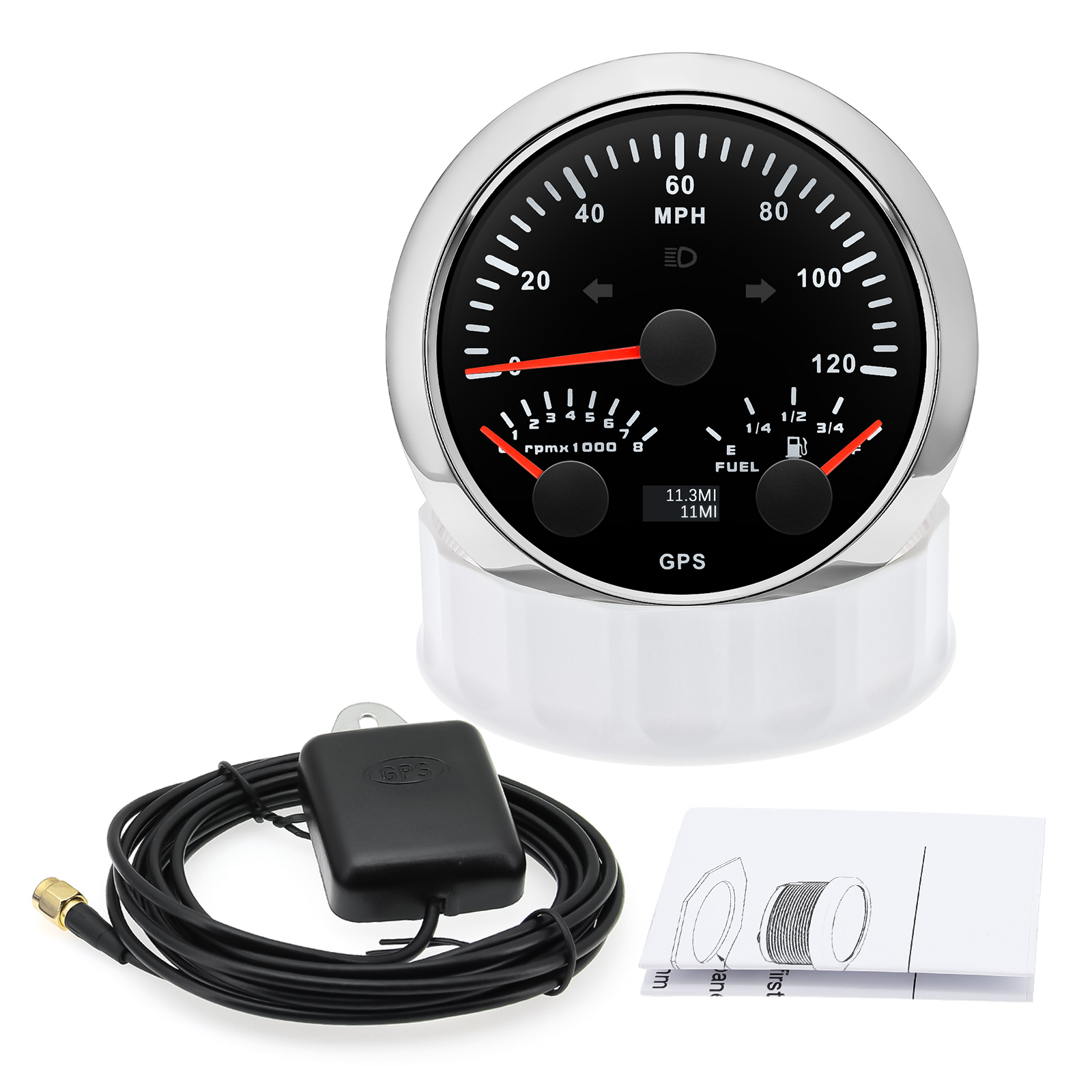 0~120 MPH GPS Speedometer+8000 RPM Tachometer+Fuel Level Gauge 7 Color Light 85mm Gauge with Turn Light for Boat Car 12V 24V
