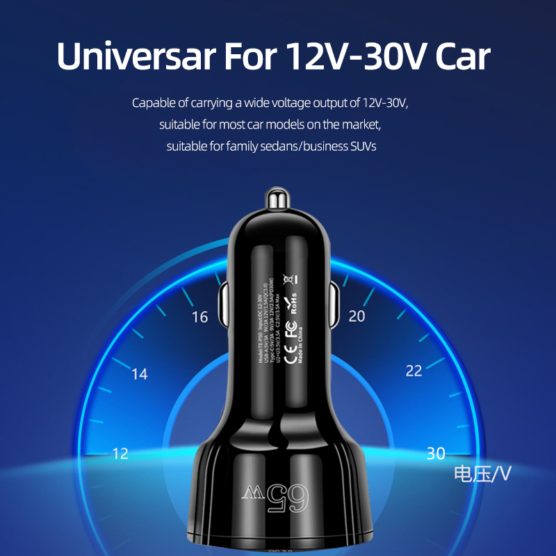 5 Ports 65W USB Car Charger Type C Car Lighter Charger PD QC3.0 Car Fast Charger Adapter 30W