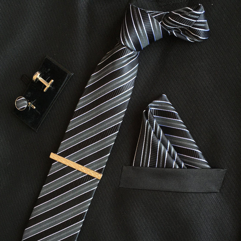 Striped Tie mens silk ties 8 cm necktie and cufflinks & Tie clip + hankies with 4 sets gravatas jacquard Striped Wedding lot
