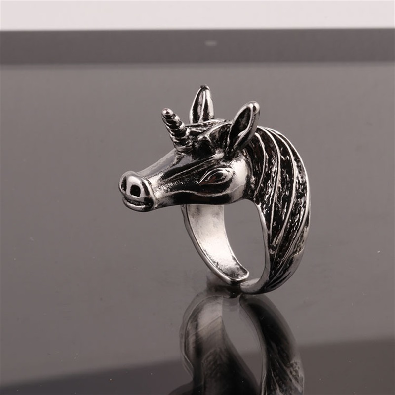 1PC European And American Men's Retro Animal Unicorn Horse Head Ring Opening Adjustable Alloy Ring Banquet Party Jewelry Gift
