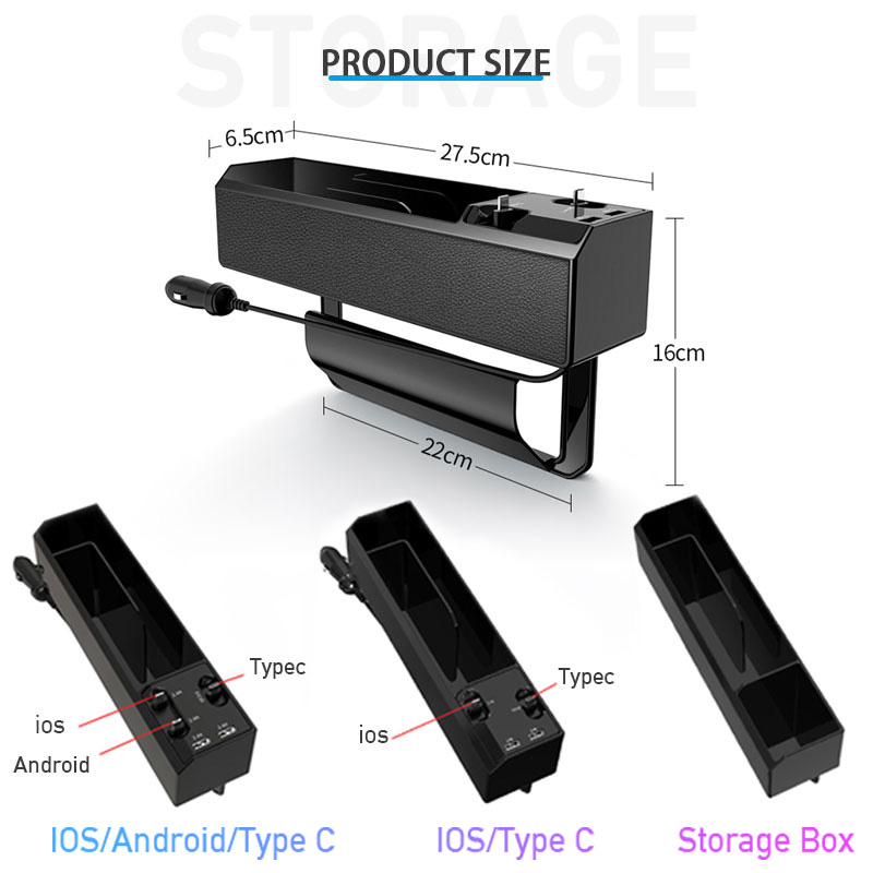 Car Organizer with Charger Cable Car Seat Gap Storage Box with Cable for IOS/Android/Type C Dual USB Port Auto Stowing Tidying