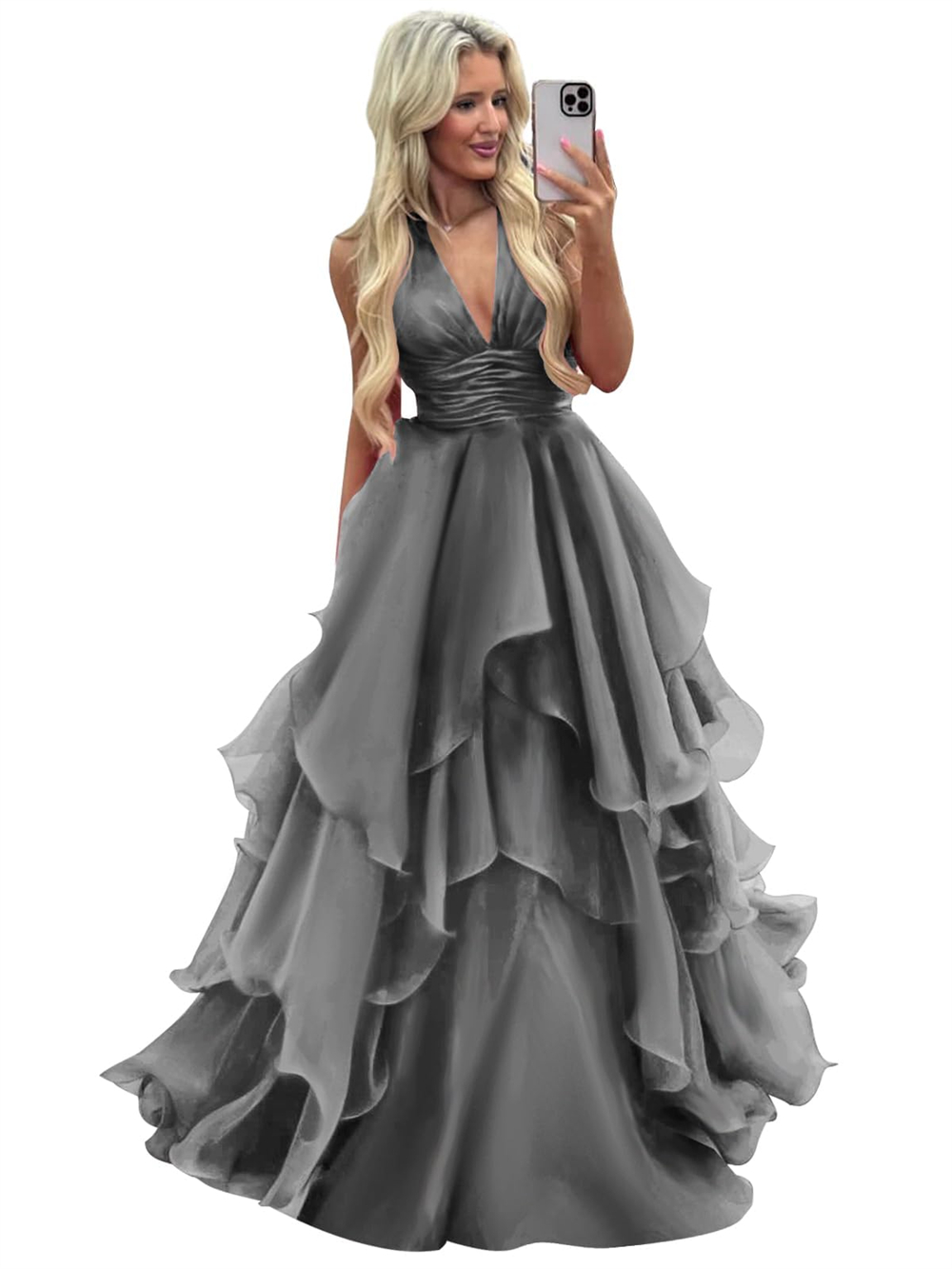 Long Prom Dresses Deep V-Neck Pleats Ball Gown Organza Plus Size Formal Occasion Evening Party Gown Pd20