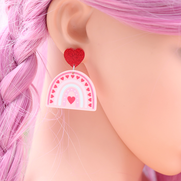 Valentine Gift Rainbow Heart Earrings For Women Laser Cut Glitter Pink Acrylic Earrings Jewelry