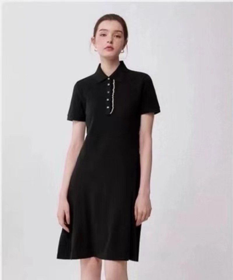 Designer Summer Slim Fit POLO Dress With Cotton Temperament Wood Ear Trim Casual Womens Popular Short Sleeved White And Black Mid-Length Dress.