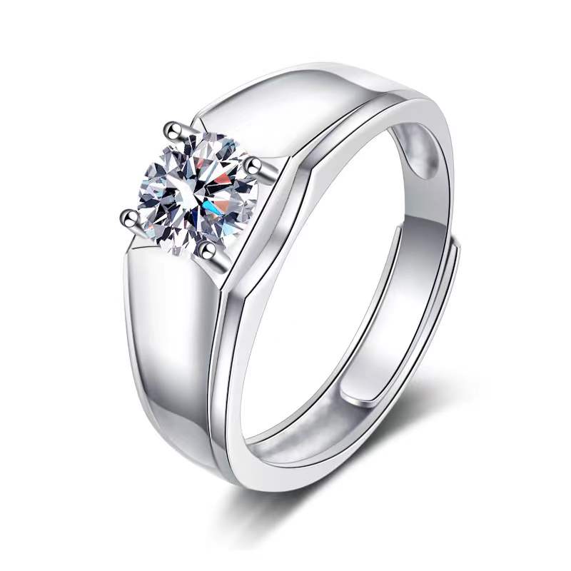 Classic 1ct D Color VVS1 Round Moissanite Men Adjustable Ring 925 Sterling Silver Lab Diamond Finger Rings Anniversary Gift