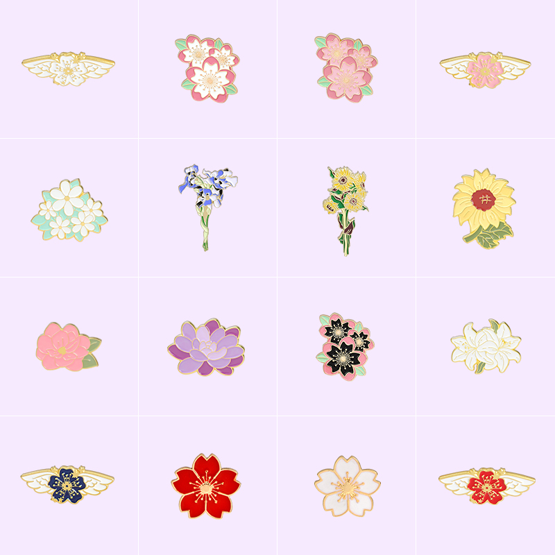 Flower Series Enamel Pins Sakura Wing Lily Sunflower Blossom Brooches Bag Lapel Pin Badge Jewelry Gift For Kids Friend Wholesale