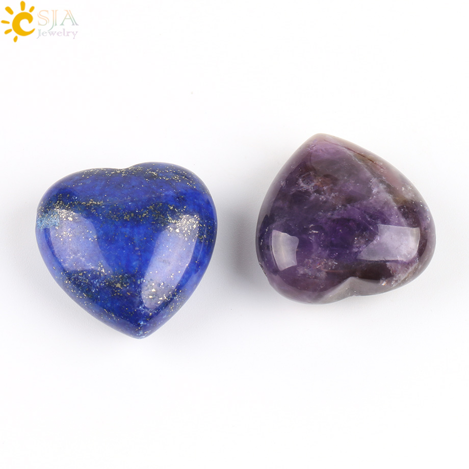 CSJA Natural Gem Stone Love Heart Pendants Lapis Lazuli Tiger Eye Clear Crystal Pink Quartz Opal Reiki Chakra DIY Jewellery E570