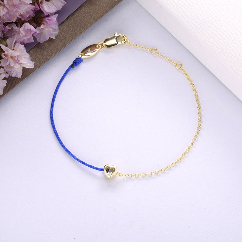 Moonmory 100% 925 Sterling Silver Pink Blue String Heart Crystal Bracelet For Women Half Golden Chain Half Rope Jewelry 0.8mm