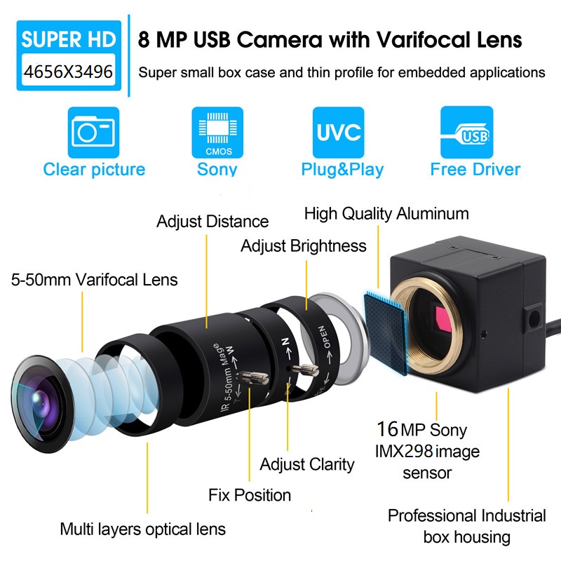 ELP 16MP 10X zoom camera micro USB webcam driver free Plug and Play with CS 5-50mm varifocal lens