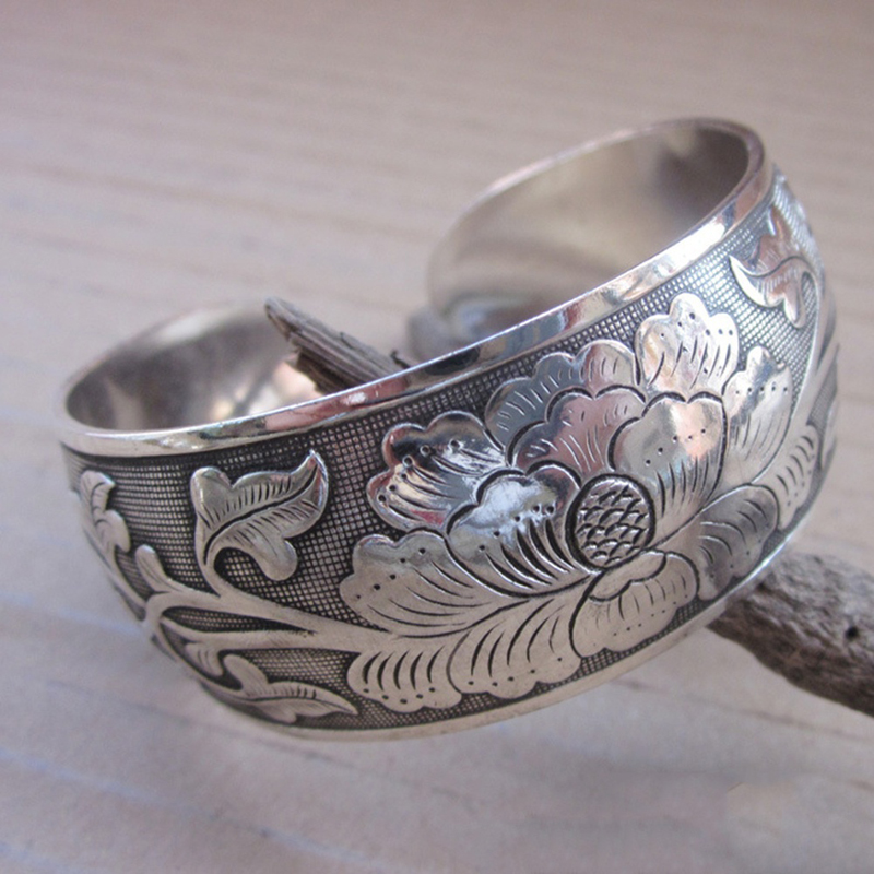 Vintage Cuff Bracelet Tibetan Silver Plated Carved Flower Geometric Animal Opening Bangle Adjustable Indian Jewelry Women Gifts