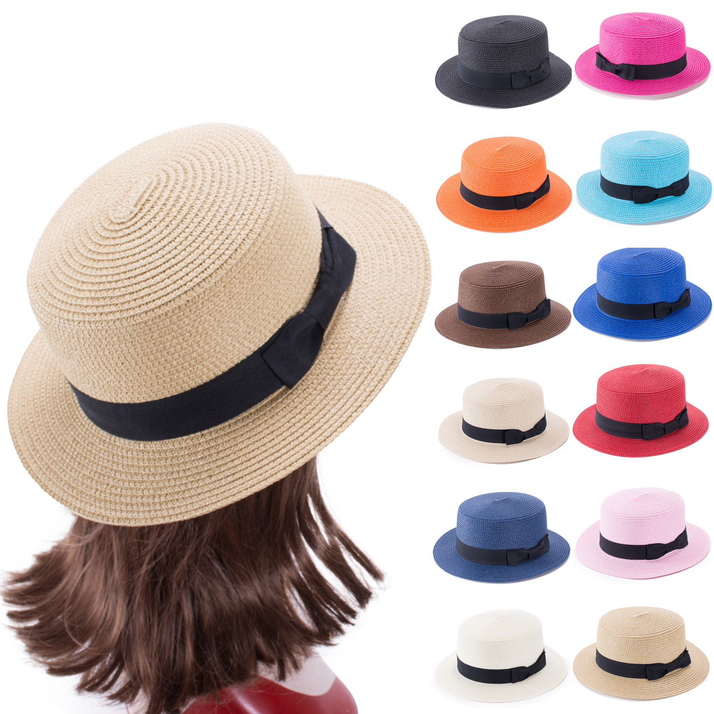 Lawliet Lady Straw Bowler Boater Sun Hats Round Flat Cap Summer Beach Cap Sailor Trilby Cap A456