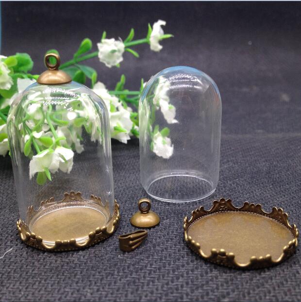 10set/lot--25*38mm Bell jar shape tube clear glass bubble bottle & tray & top connector--for DIY necklace accessories finding