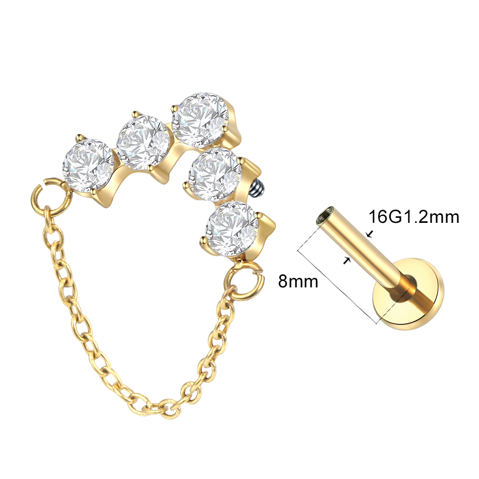 ASTM F136 Titanium 5-Cluster CZ Stud Earring with Dangle Chain Helix Cartilage Tragus Labret Lip Flat Back Piercing Women Gift