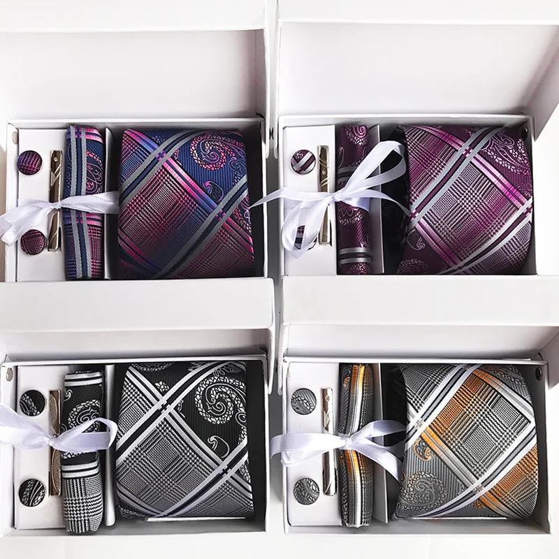 New Gift Box Packing Pocket Square Hanky Set for Men 8cm Necktie Cufflinks Tie Clip Set Wedding Party Gift Men Ties Designer