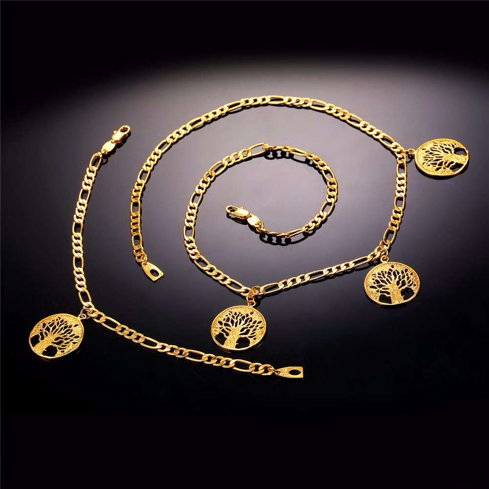 U7 Lucky Bracelet Necklace Set Trendy Gift Gold Color Charms Tree Of Life Russian Jewelry Set For Women S862