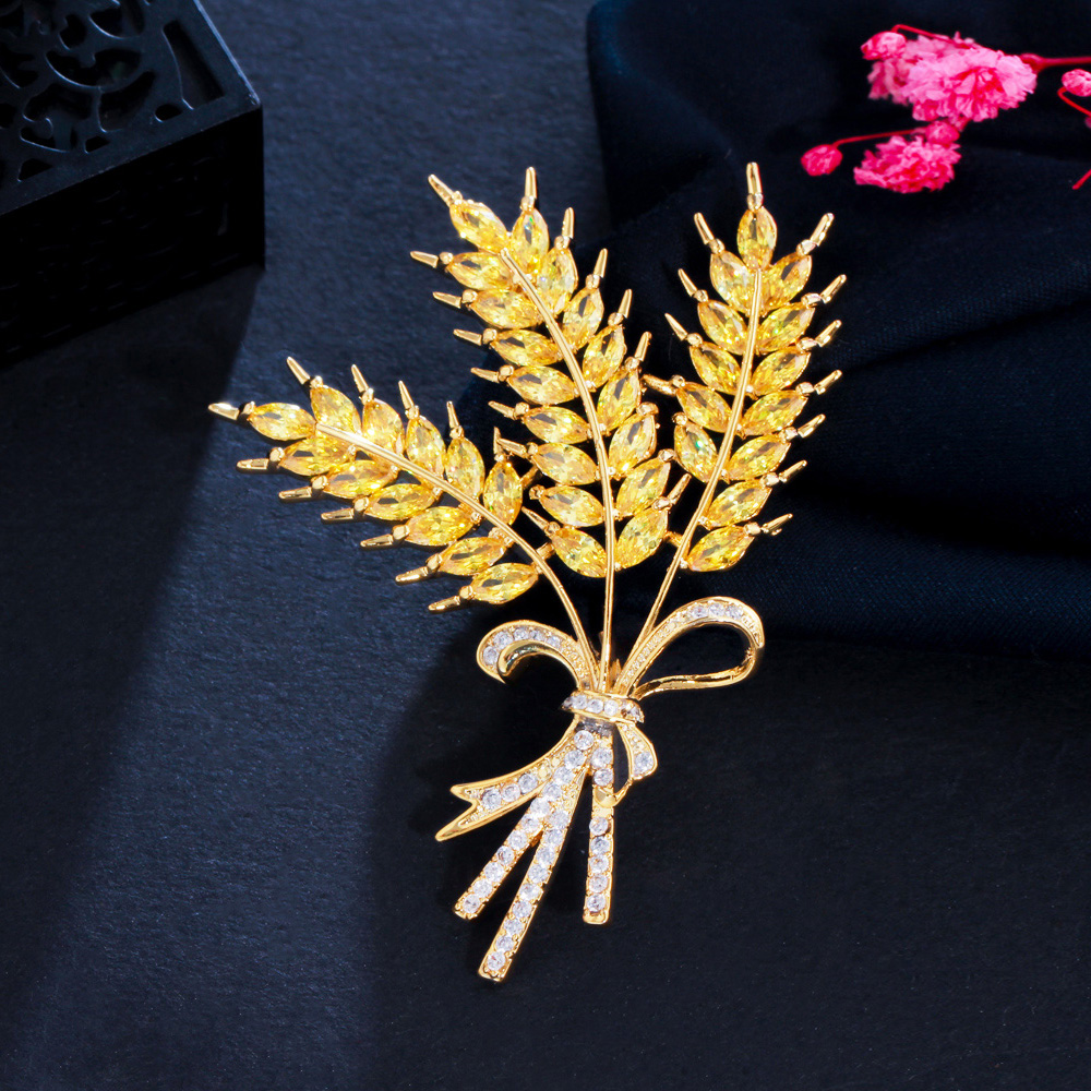 CWWZircons Shiny Yellow Cubic Zirconia Designer Luxury Big Wheat Brooch Pin for Women Jewelry Accessories Gift BH018