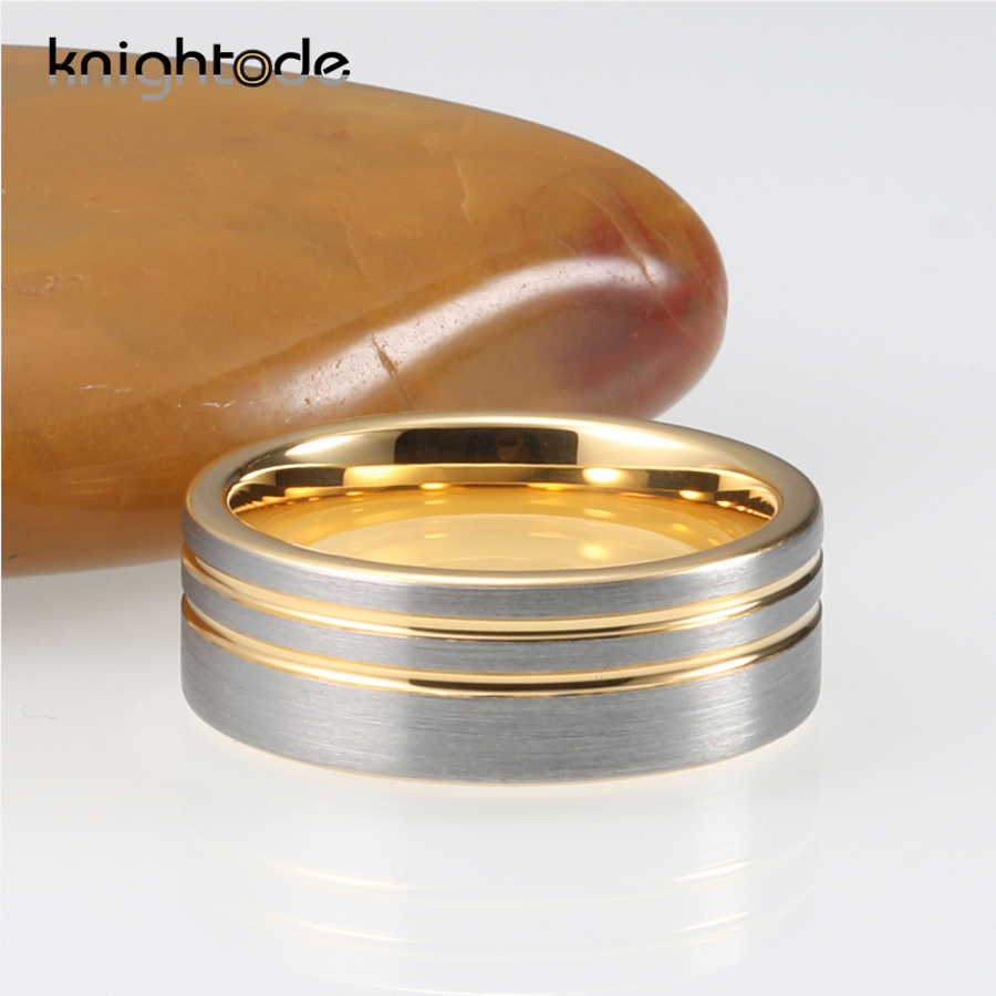 8mm Two Offset Grooved Gold Color Tungsten Carbide Wedding Band For Men Women Engagement Rings Flat Brushed Comfort Fit