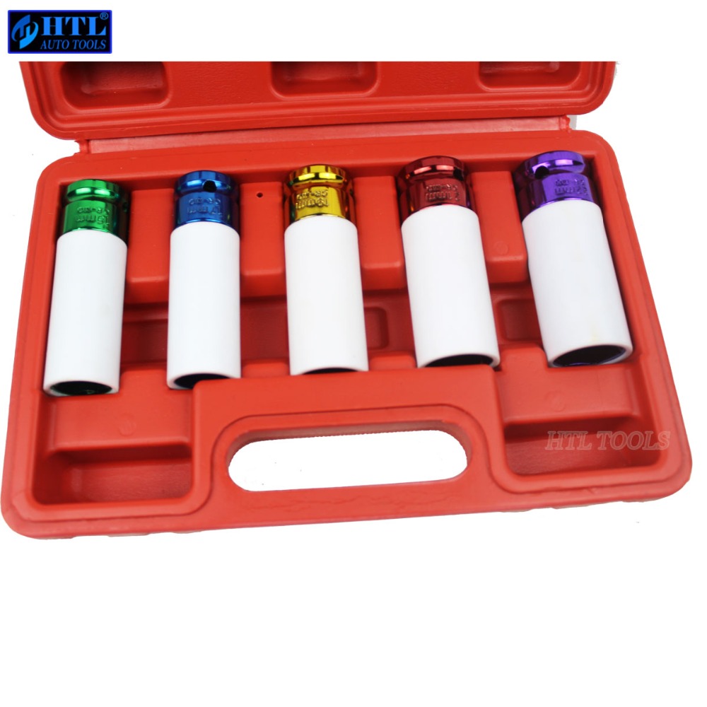 5pcs Thin Wall Alloy Wheel Nut Socket Deep Impact Socket Set 15mm 17mm 19mm 21mm 22mm 1/2" Dr.