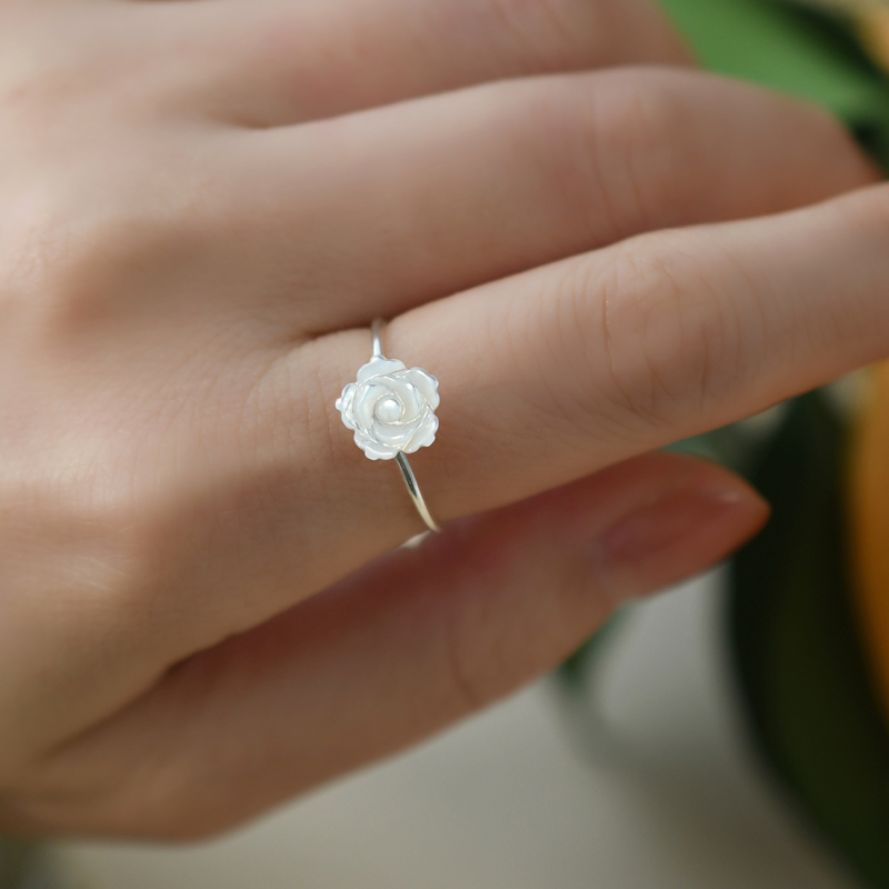 ASHIQI Natural Shell Flower Ring 925 Sterling Silver Handmade Jewelry Unique for Women Gift