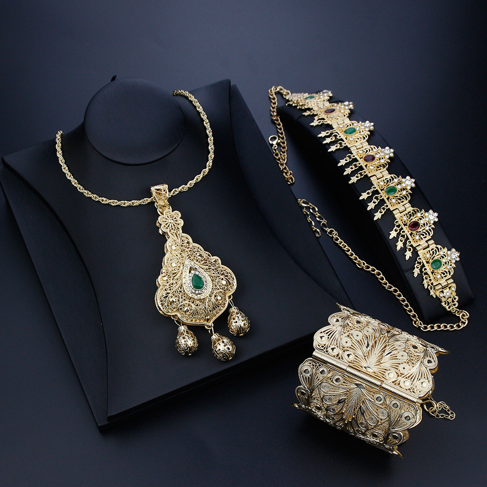 Sunspicems Gold Color Algeria Women Bride Wedding Jewelry Sets Bangle Necklace Headchain Traditional African Festival Bijoux