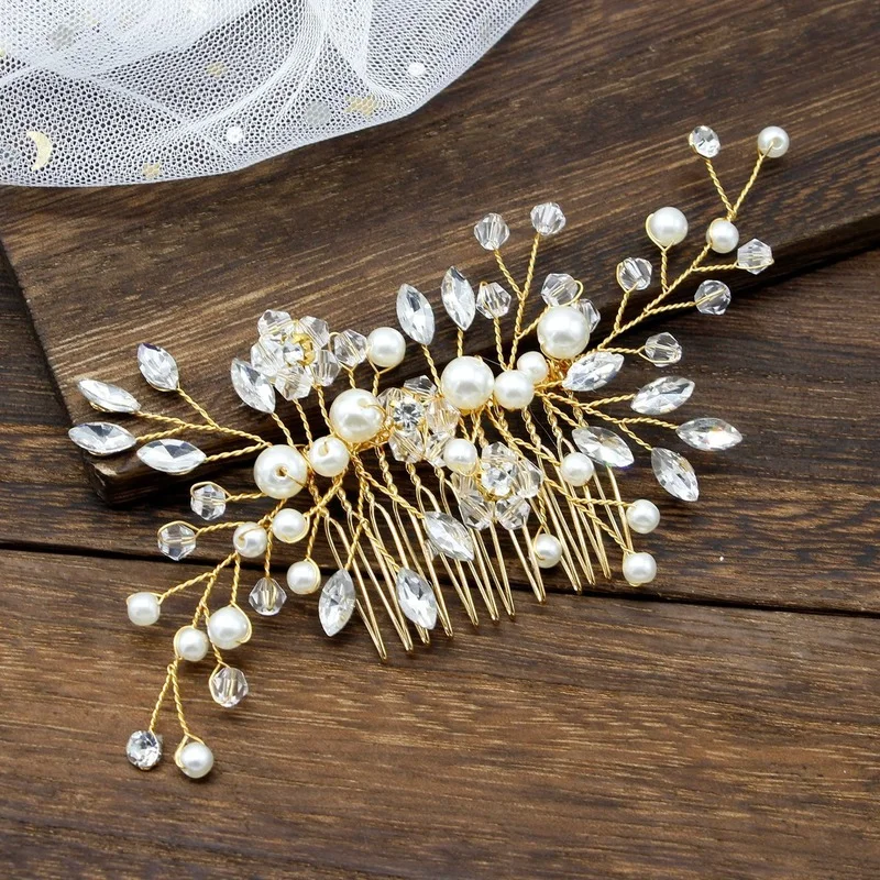 Nice Crystal Bride for Women Bridal Wedding Hair Accessories Pearl Flower Headband Handmade Hairband Beads Hair Comb Decoration
