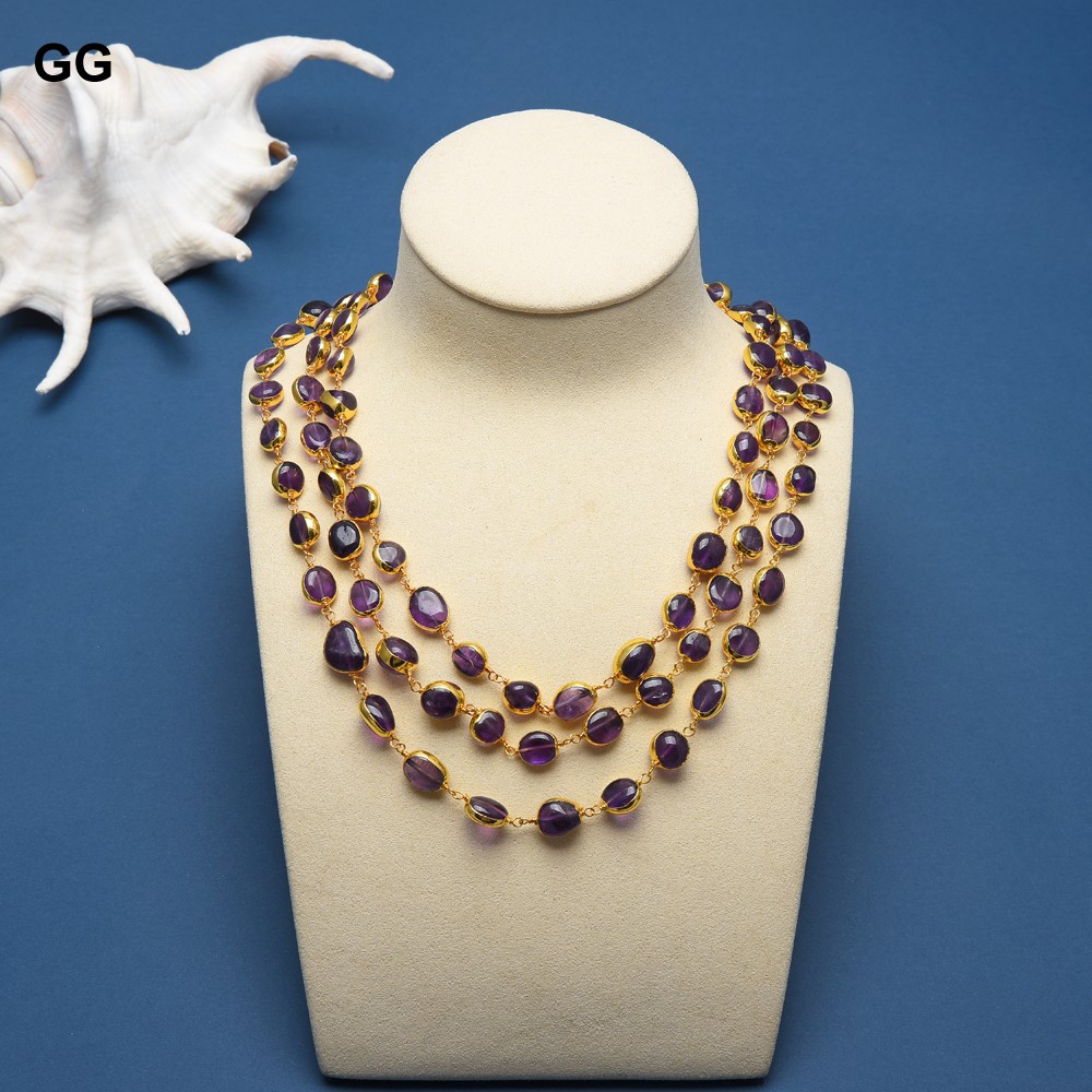 G-G 3 Strands Natural Amethyst Freeform With Electroplated Edge Necklace Earrings Bracelet Sets Handmade For Women